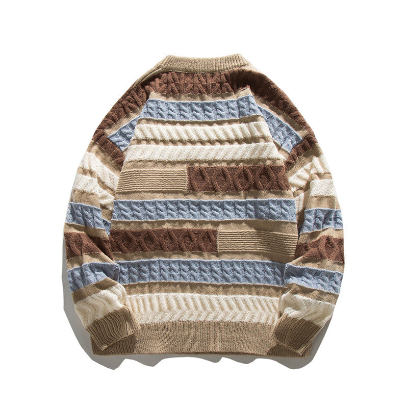 Unisex Oversize Chunky Knit Sweater with Structured Block Stripe Look and Round Neck