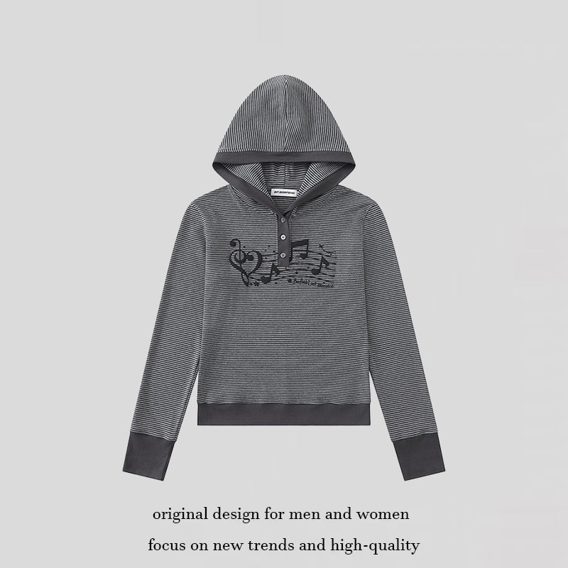 Ladies hooded henley pullover made of lightweight striped jersey with music print Chichicherry