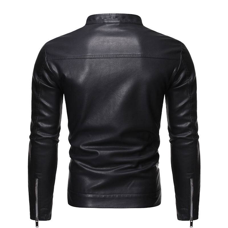 Men's Slim Fit Leather Look Blouson in Racer Minimal Style with Snap Button Stand Collar Chichicherry