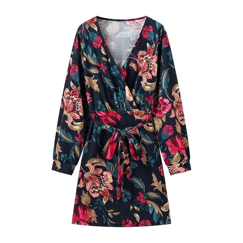 Women’s Wrap Mini Dress with Allover Floral Print, V-Neck and Waistband Chichicherry