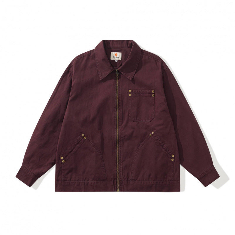 Unisex Boxy Canvas Worker Jacket with Front Zip and Stud Applications Chichicherry
