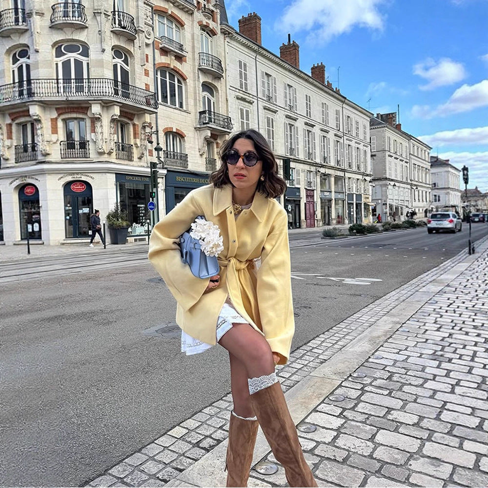 Women's short coat with tie belt, boxy oversized silhouette and wide sleeves Chichicherry