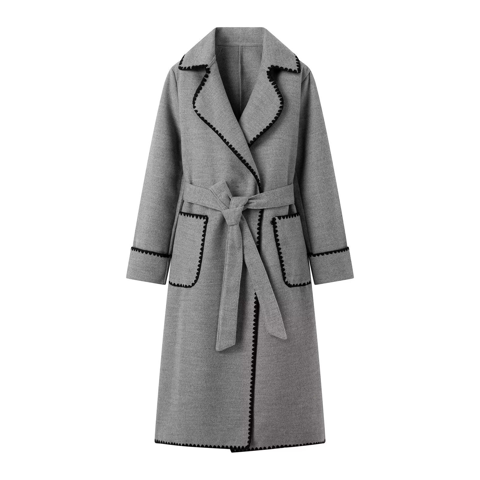 Women's Midi-Length Wool Blend Coat with Tie Belt and Zigzag Trim Chichicherry