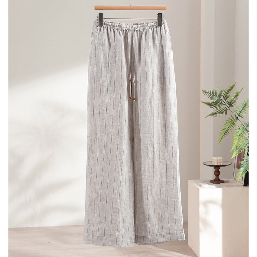 Women's Wide Linen Look Pants with Elastic Waistband, Drawstring and Fine Pinstripe Structure Chichicherry