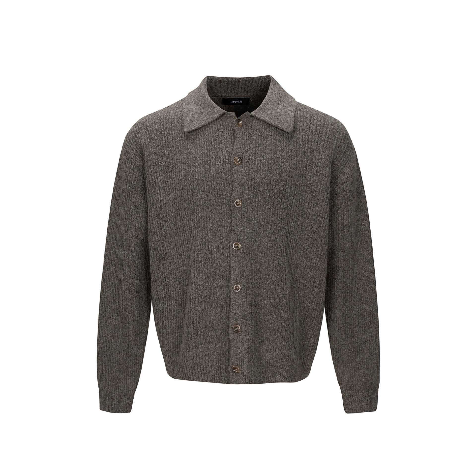 Men's Structured Knit Cardigan with Shirt Collar and Full Button Placket Chichicherry