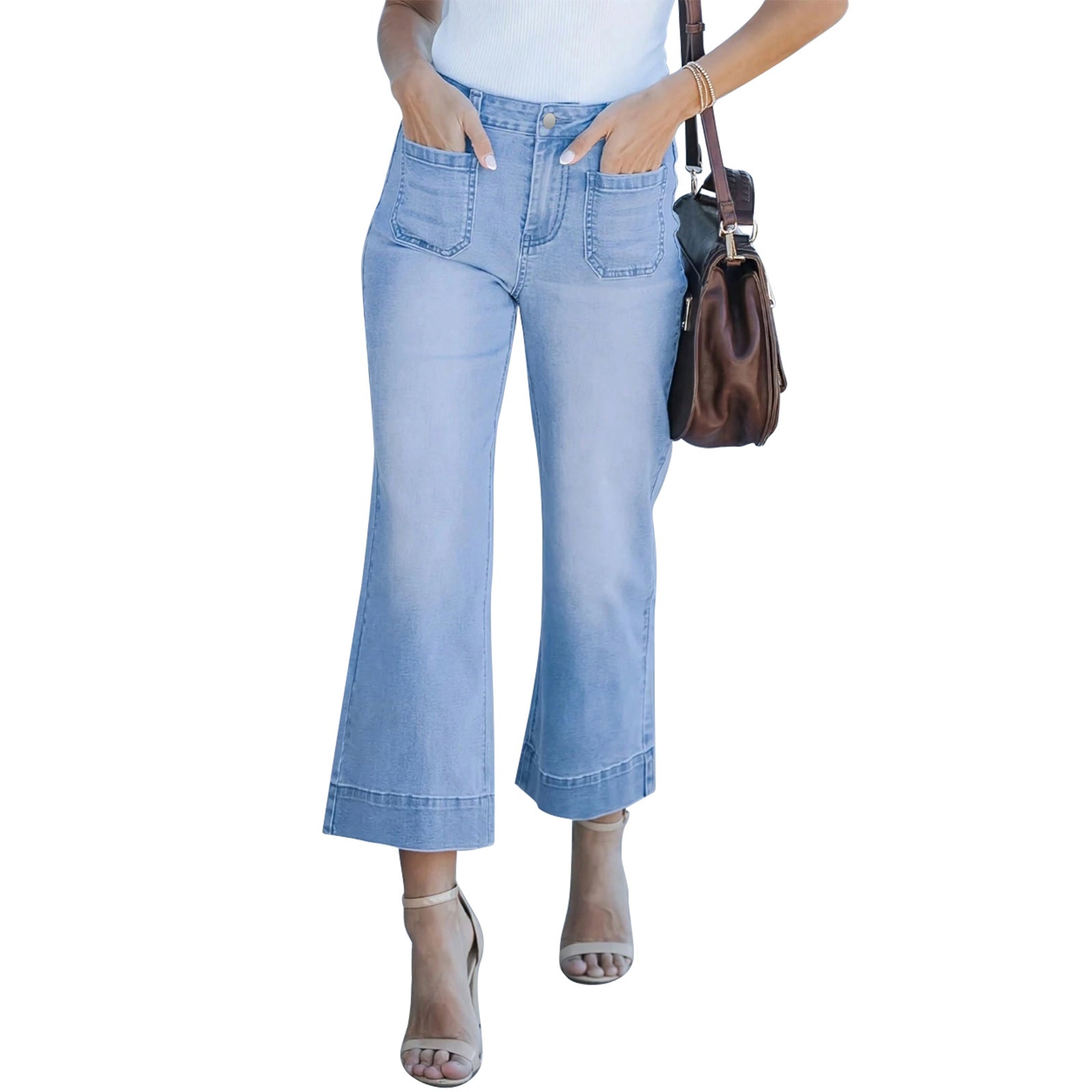 Women High-Waisted Culotte Jeans with Wide Legs and Patch Front Pockets Chichicherry