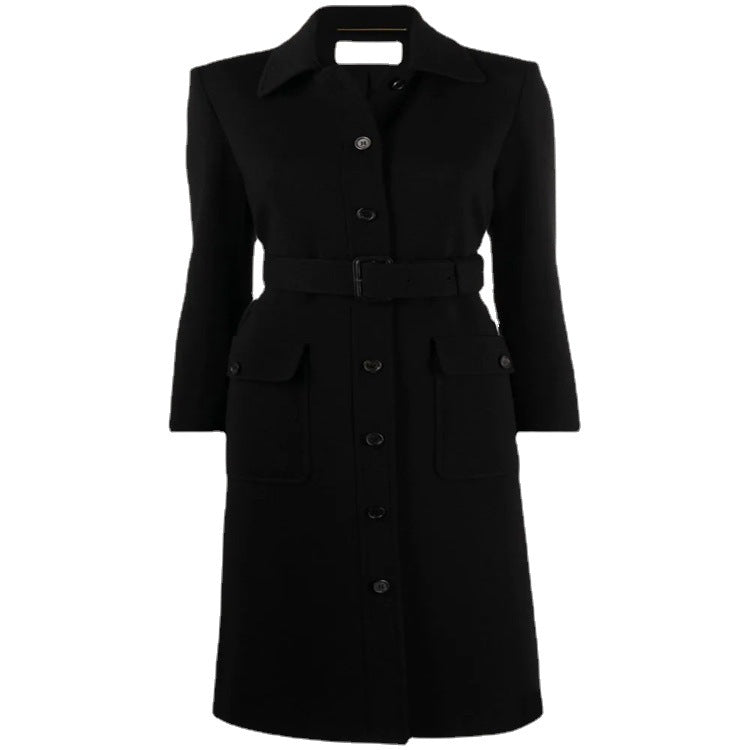 Women Tailored Midi Coat with Belt and Flap Pockets Chichicherry