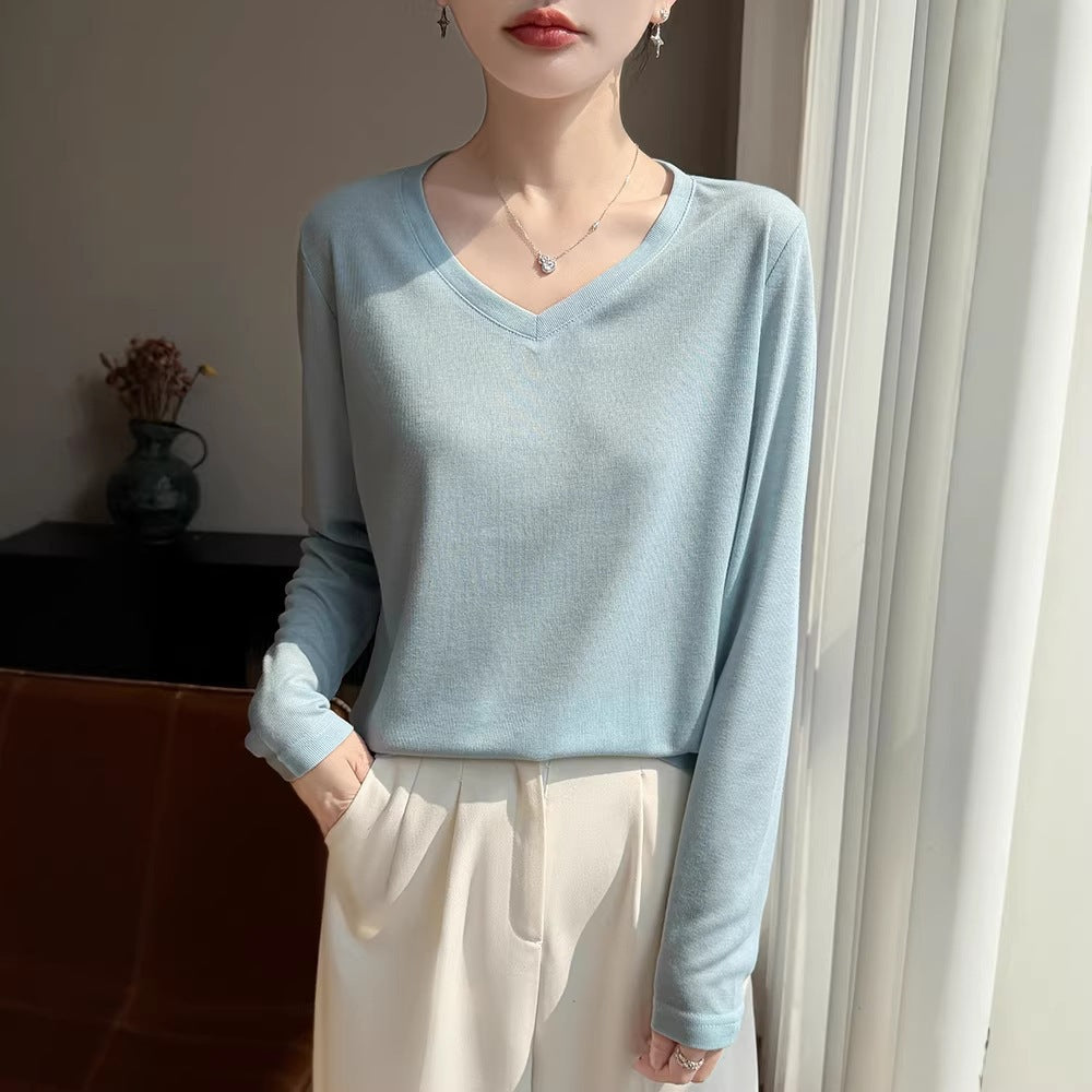 Women Light V-Neck Fine Knit Long Sleeve Chichicherry