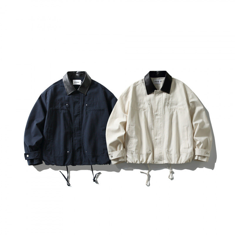 Men's Boxy Utility Jacket with Faux Leather Collar, Drawstring and Snap Cuffs Chichicherry