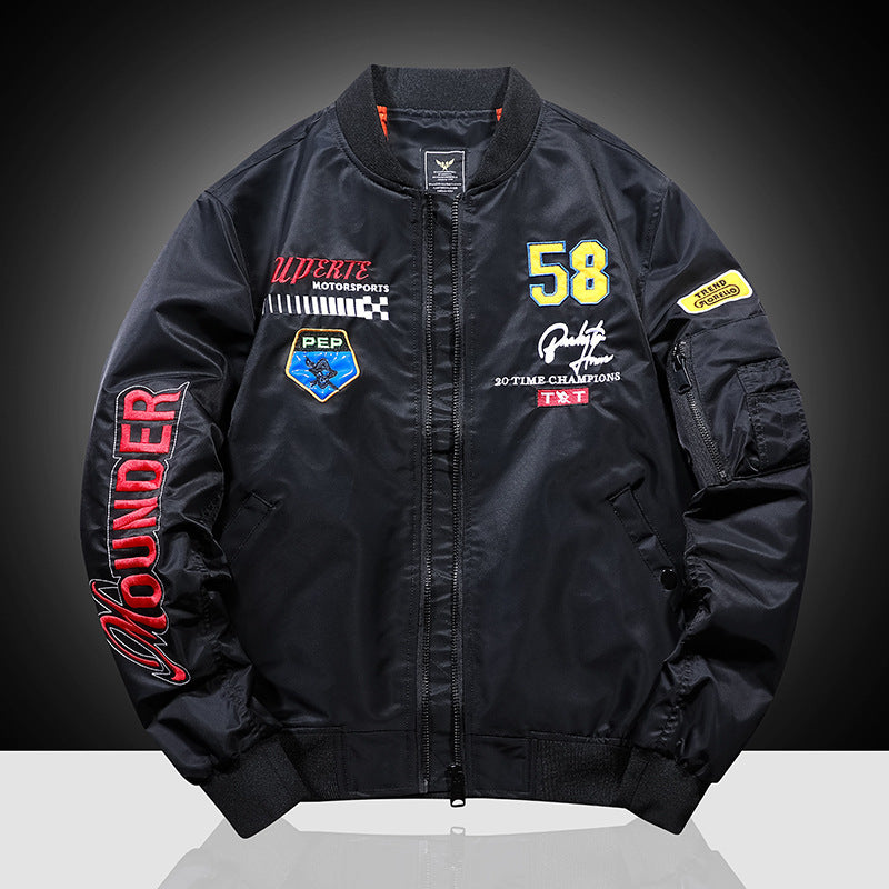 Men's Patch-Embellished Pilot Bomber Jacket made of Nylon with Arm Pocket and Ribbed Cuffs Chichicherry