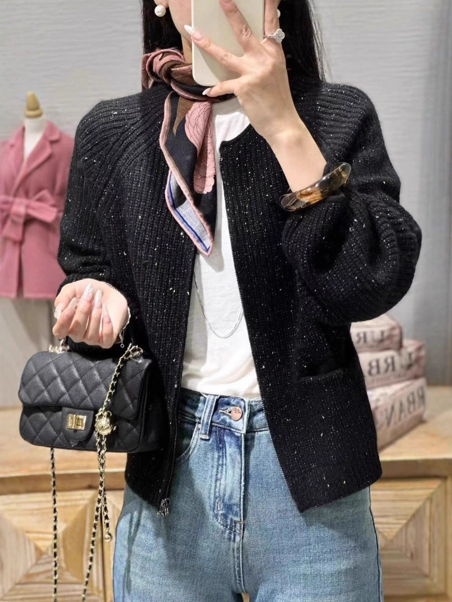 Women Short-Cut Boxy Cardigan with Ribbed Fine Knit Balloon Sleeves and Attached Pockets Chichicherry