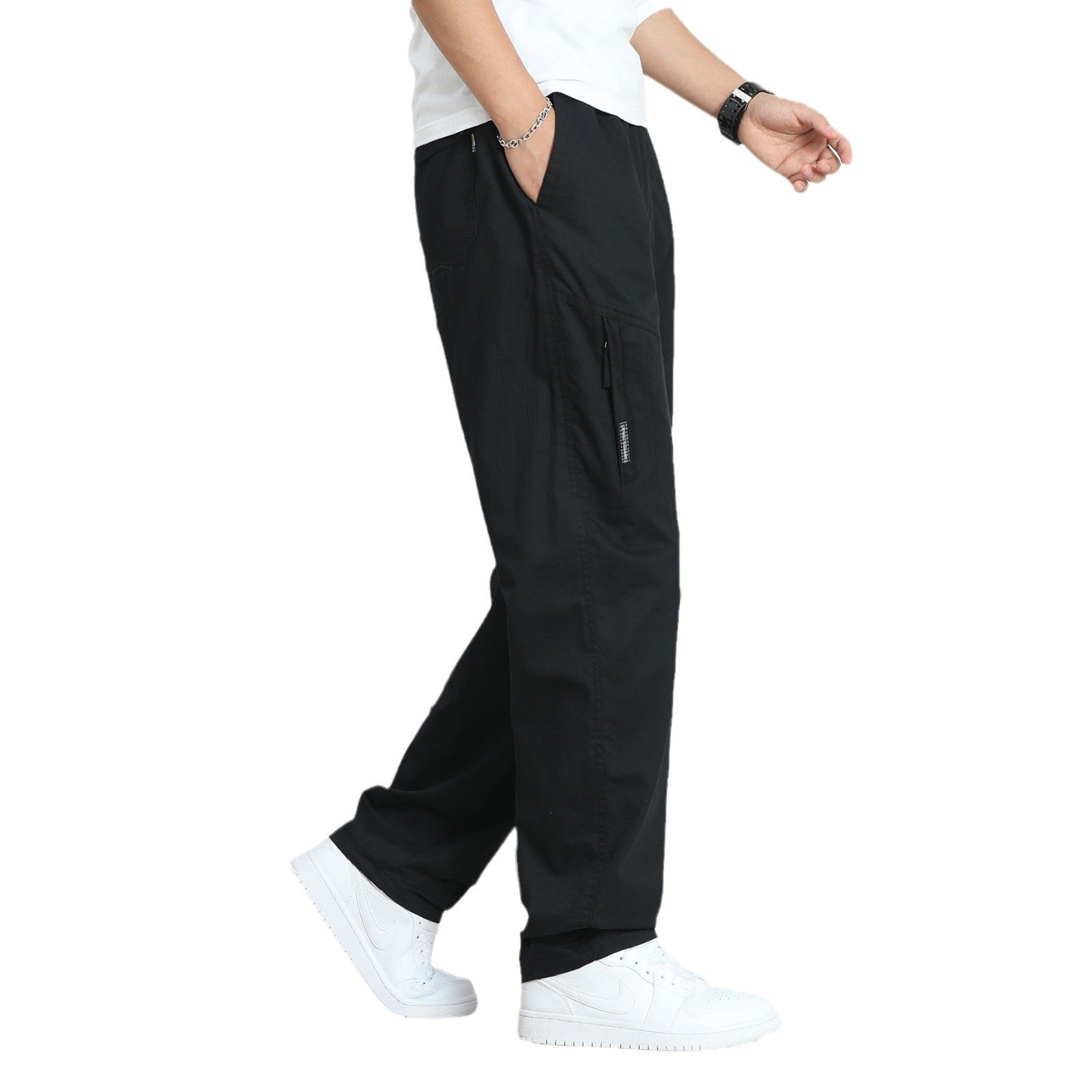 Men's Loose Utility Cargo Pants with Elastic Waistband, Side Zipper Pockets, and Pre-Shaped Knees Chichicherry