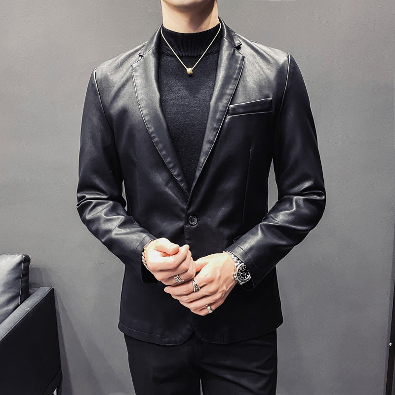 Men's Slim-Fit Leather Blazer with Tailored Silhouette and Classic Lapel Collar Chichicherry