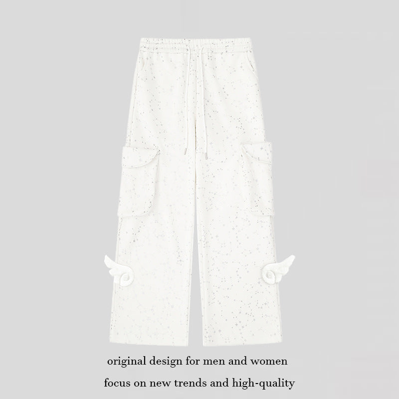 Women's Extra Wide Cargo Palazzo Sweatpants with Drawstring Waistband and Decorative Wing Appliqués Chichicherry