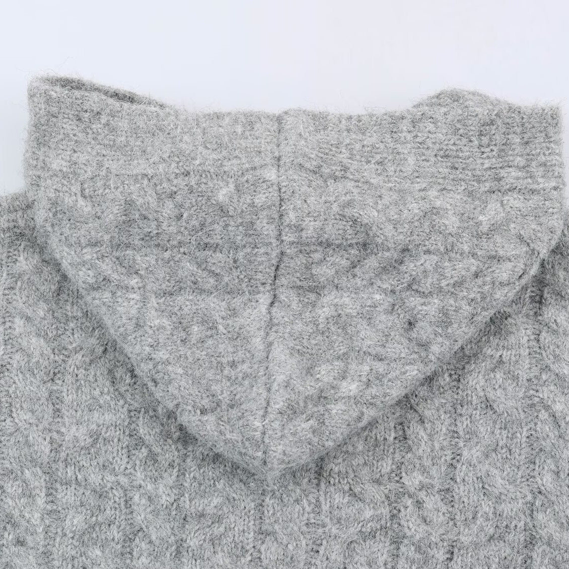Women's Long Knitted Hooded Cardigan with Cable Pattern and Button Placket Chichicherry