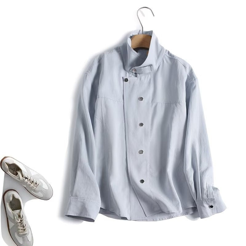 Women Light Oversized Blouse Jacket with Stand Collar and Concealed Snap Button Placket Chichicherry