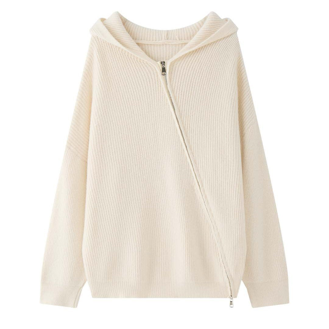 Women's Cozy Zip Hoodie Cardigan in Ribbed Knit Mix with Balloon Sleeves Chichicherry