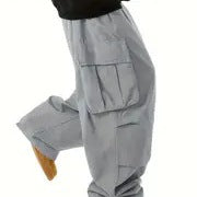Men's Baggy Cargo Pants in Oversized Utility Style with Elastic Waistband & Multiple Pockets Chichicherry