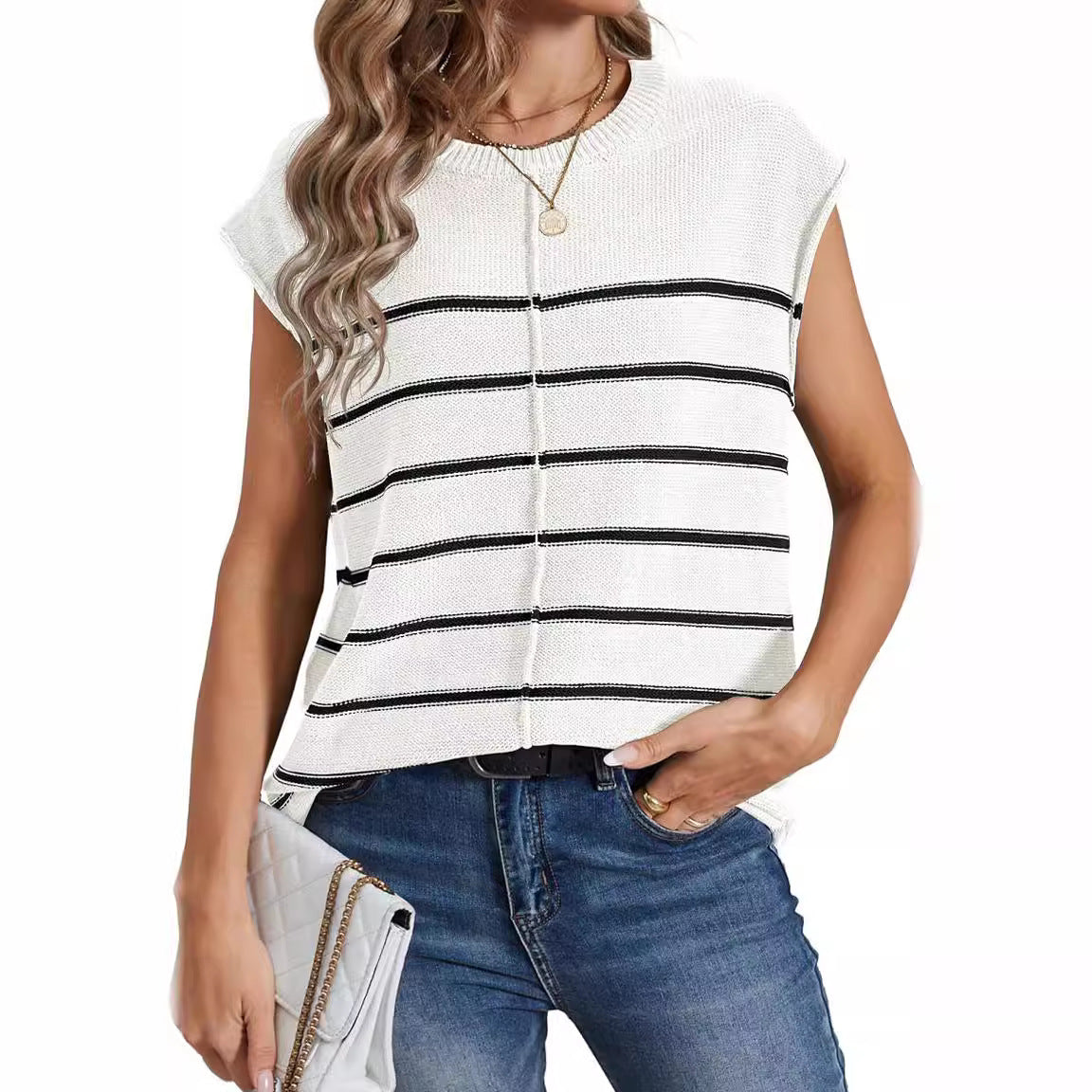 Women's sleeveless striped knit top in boxy cropped style Chichicherry