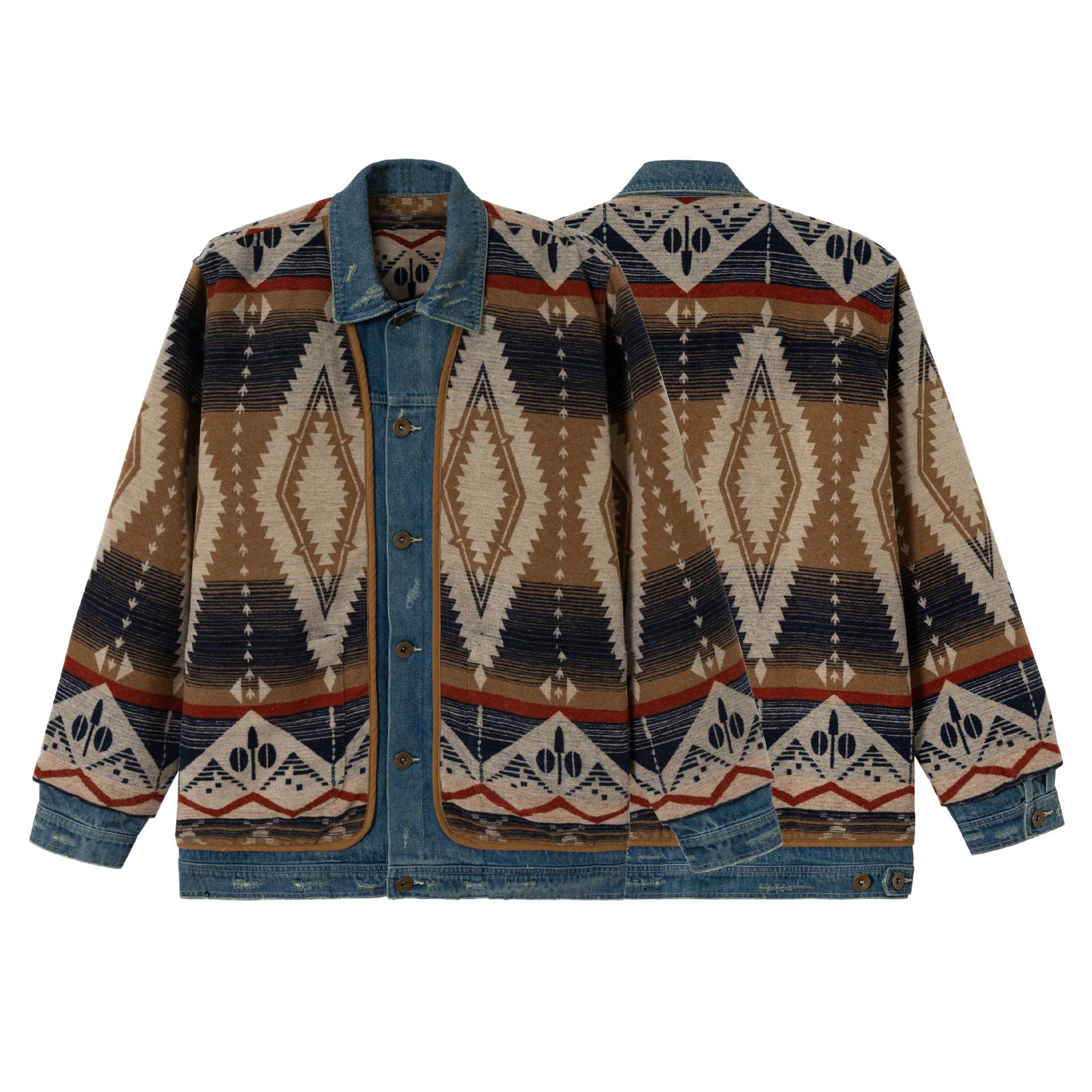 Unisex Short Woven Aztec Cardigan with Denim Trim Chichicherry