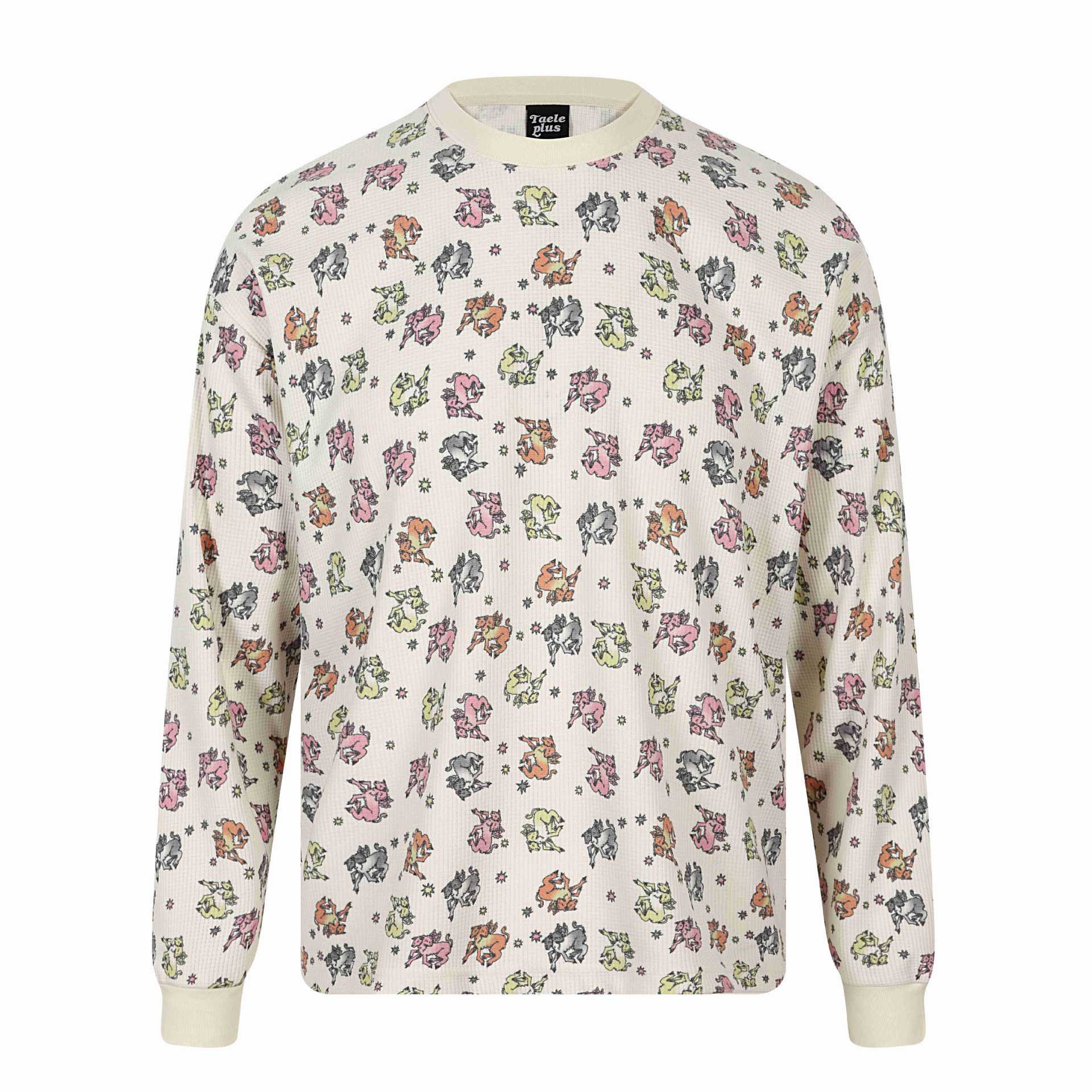 Women's waffle thermal shirt with playful all-over print and ribbed round neck