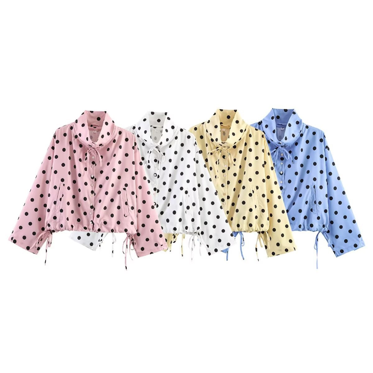 Women's Cropped Polka Dot Transition Jacket with Stand-Up Collar, Drawstring Hem and Button Placket Chichicherry