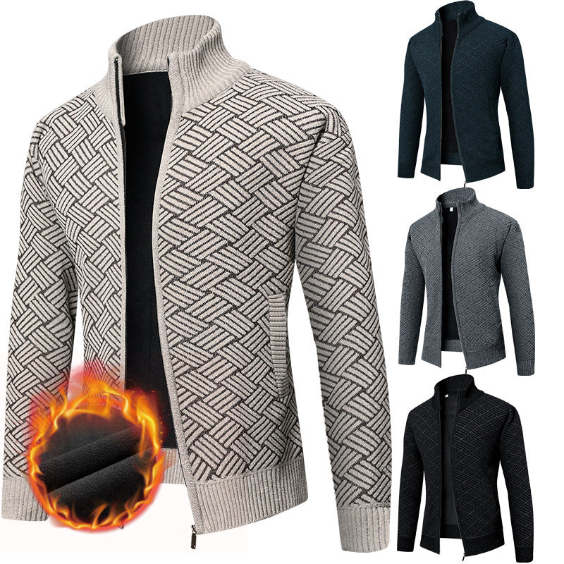Men's Thermal Knit Zip Jacket with Jacquard Pattern and Fleece Lining Chichicherry