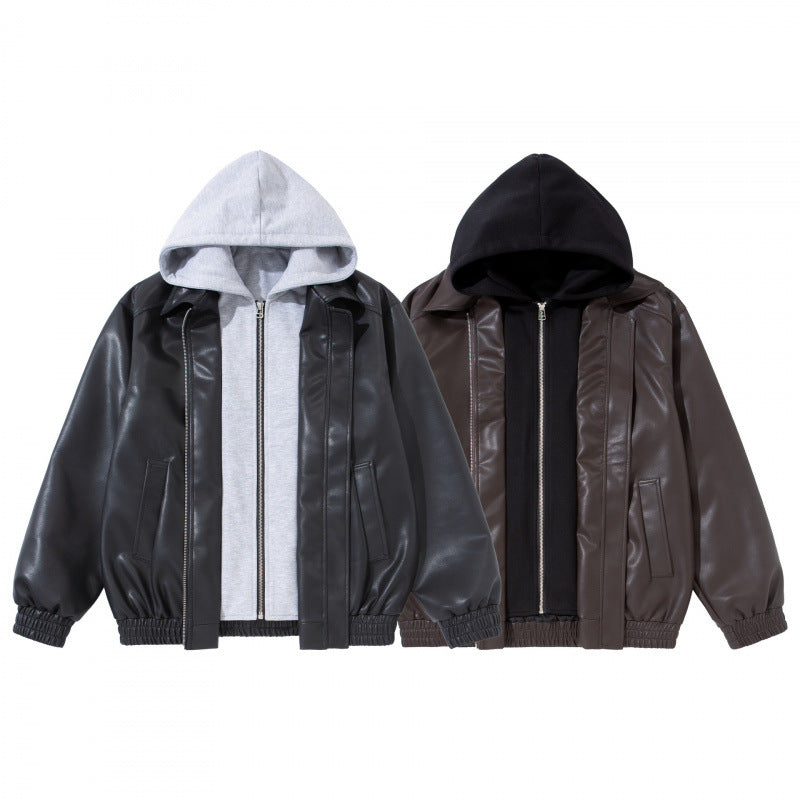 Unisex Oversize Faux Leather Bomber Jacket with Contrasting Hood, Zipper and Elastic Hem Chichicherry