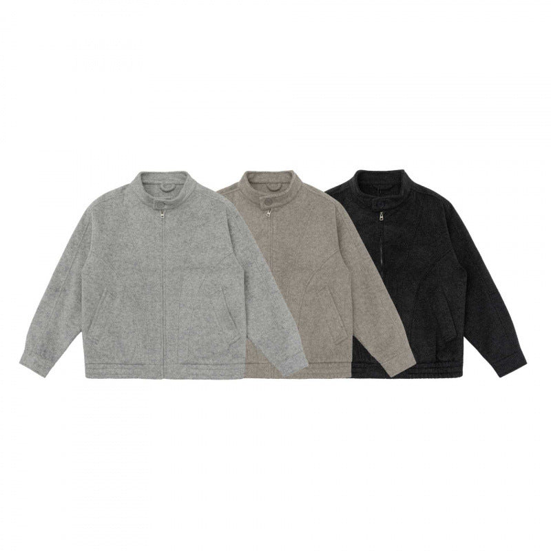 [Unisex] Boxy Wool Blend Zip Jacket in Overshirt Style with Short Stand-Up Collar Chichicherry