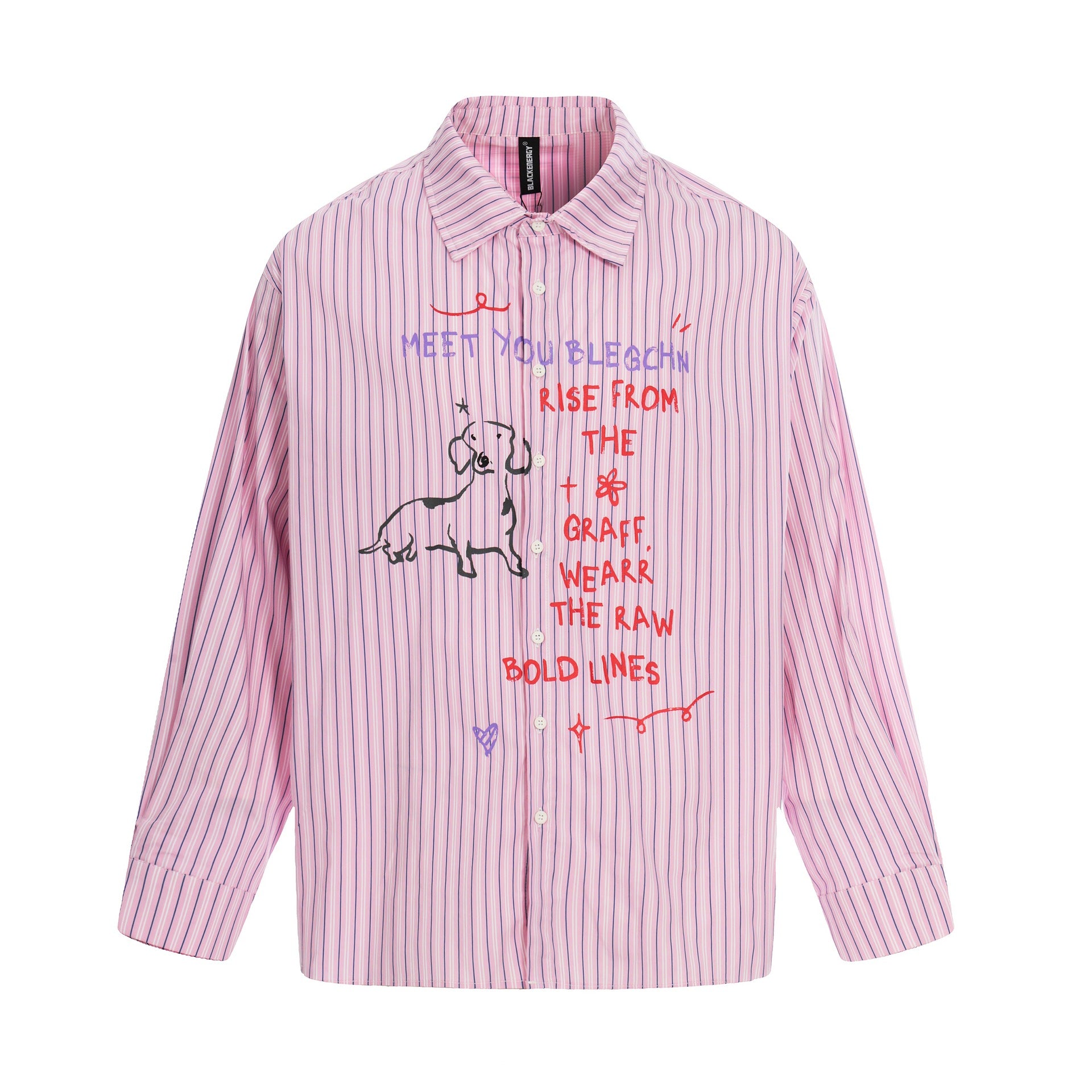 Women's Oversize Shirt Blouse with Striped Texture and Hand-Drawn Graphic Print Chichicherry