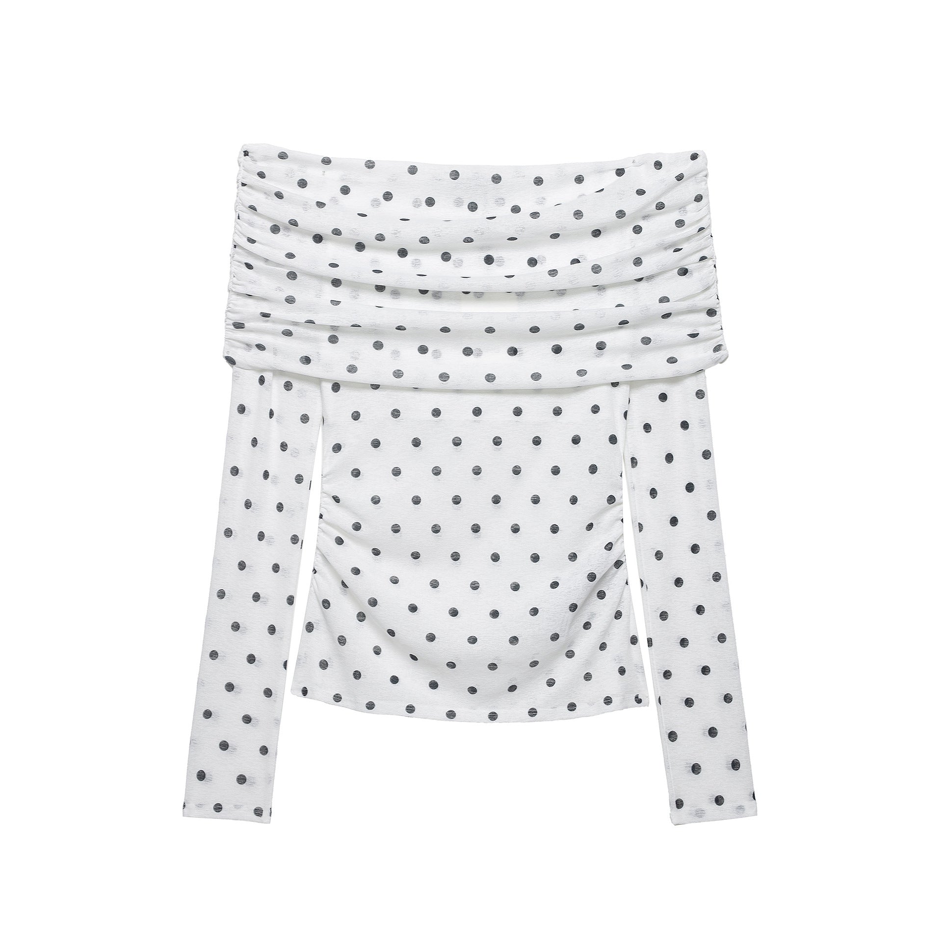 Women's Off-Shoulder Long Sleeve Top with Draped Overlap Collar and Polka Dot Pattern Chichicherry