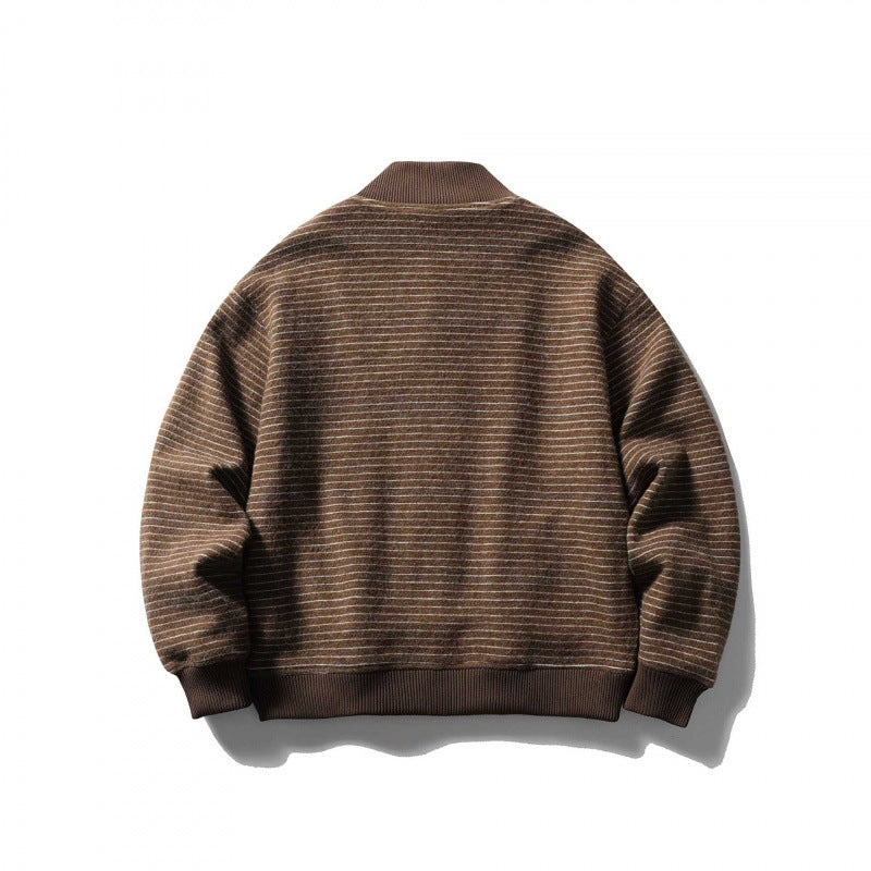 Unisex Boxy Knit Jacket in Bomber Style with Stand Collar and Button Placket Chichicherry