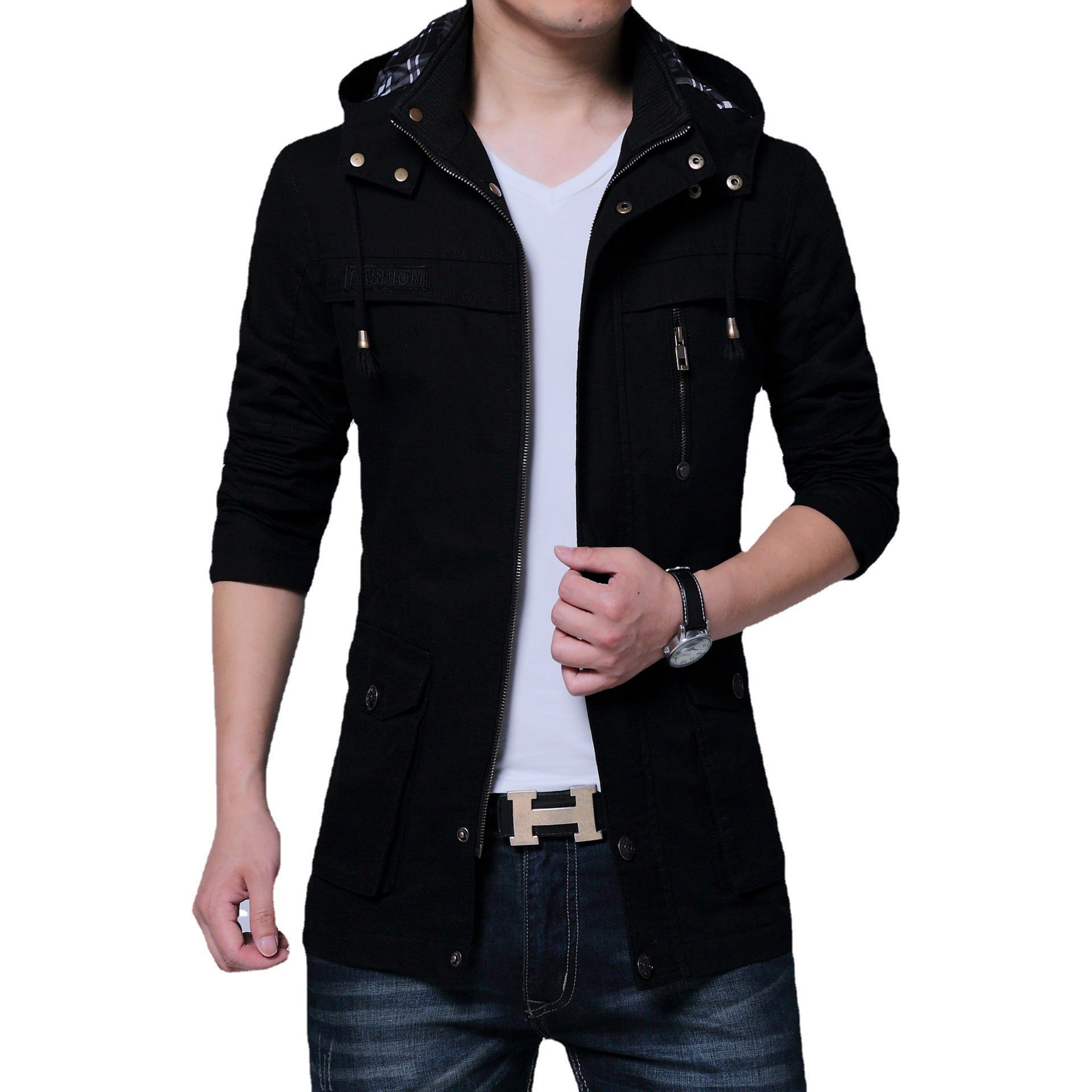 Men's Utility Canvas Jacket with Hood, Zip Front and Multiple Pockets Chichicherry