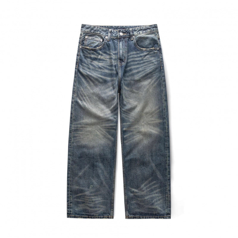 Men's loose vintage jeans with high waist and pronounced used wash Chichicherry