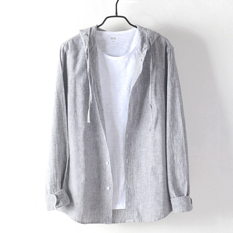 Men's Lightweight Hoodie Shirt made of Linen-Cotton Blend with Fine Stripe Structure Chichicherry
