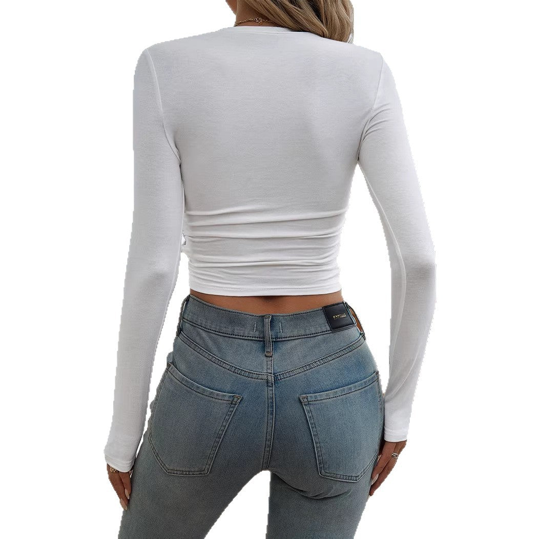 Women Figure-hugging long-sleeved Crop-Shirt with side gathering Chichicherry