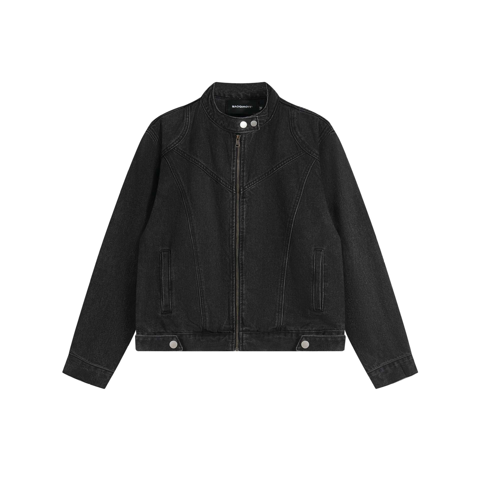 Unisex Short Cut Denim Blouson Jacket with Stand-up Collar and Full Zipper Chichicherry