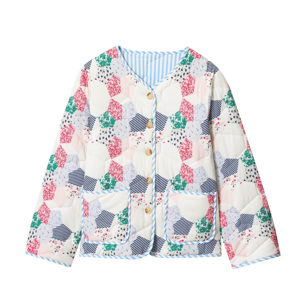 Women's Quilted Short Jacket in Patchwork Quilt Look with Button Placket and Patch Pockets Chichicherry