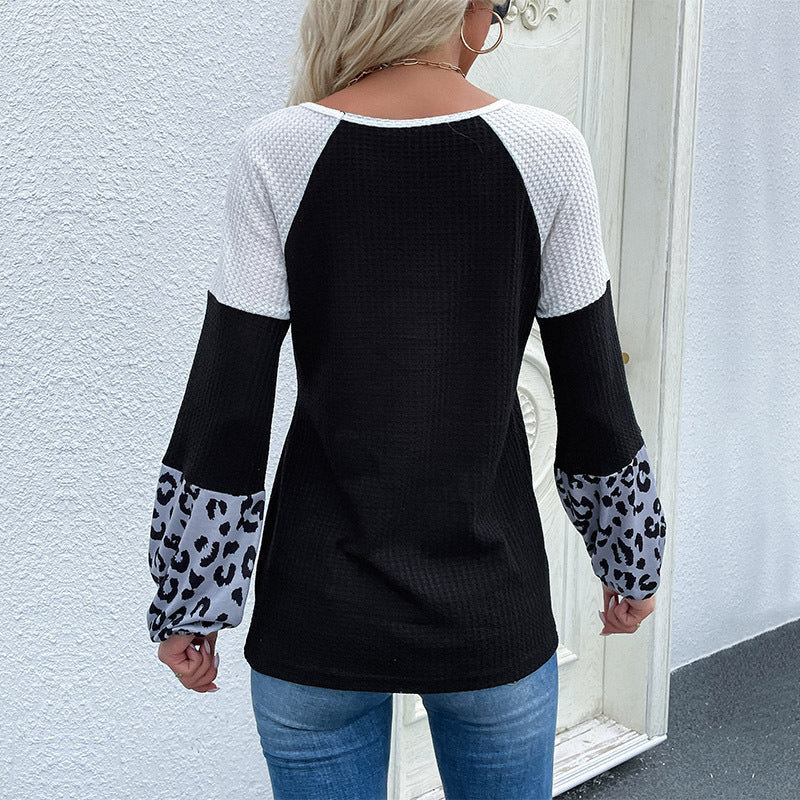 Women’s Asymmetrical Waffle Knit Shirt with Knot Hem and Leopard Cuffs Chichicherry