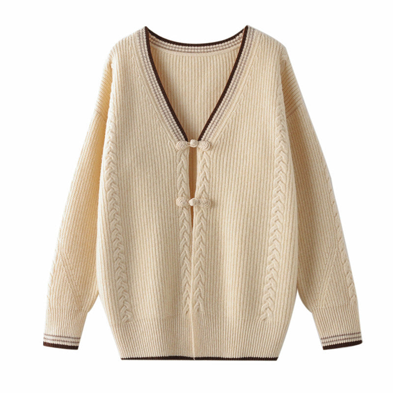 Women's knitted cardigan with cable pattern and decorative knot closures Chichicherry