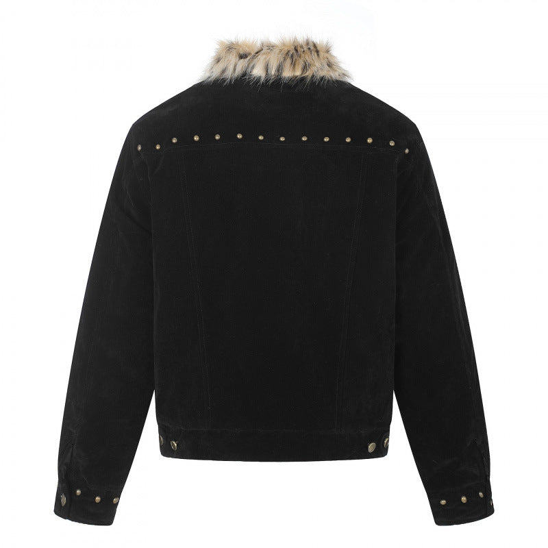 Men's short jacket made of suede leather imitation with faux fur collar and stud details Chichicherry