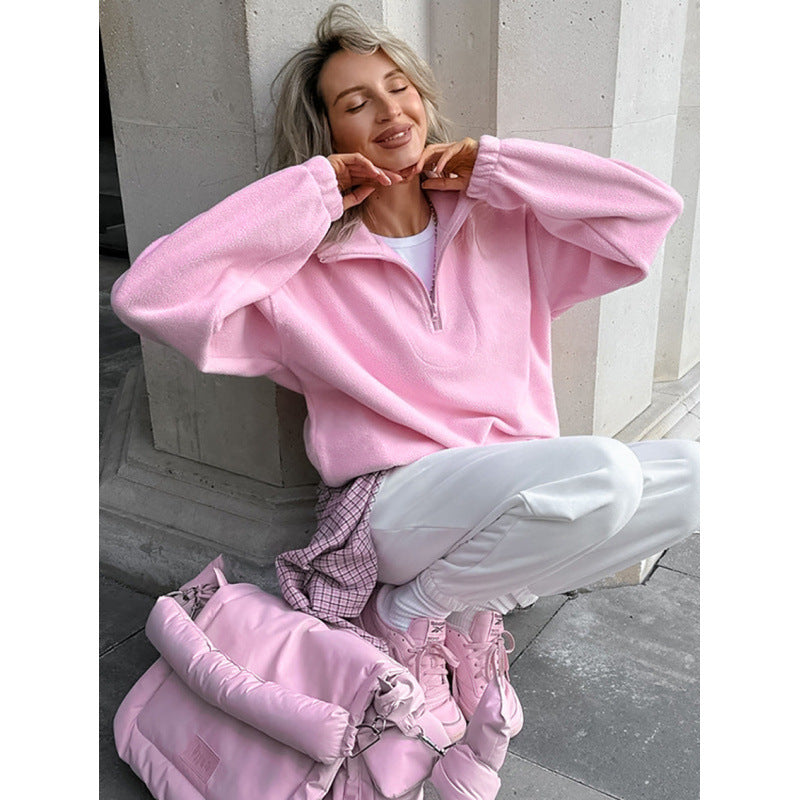 Women’s Oversized Fleece Pullover with Half Zipper and Stand-Up Collar Chichicherry