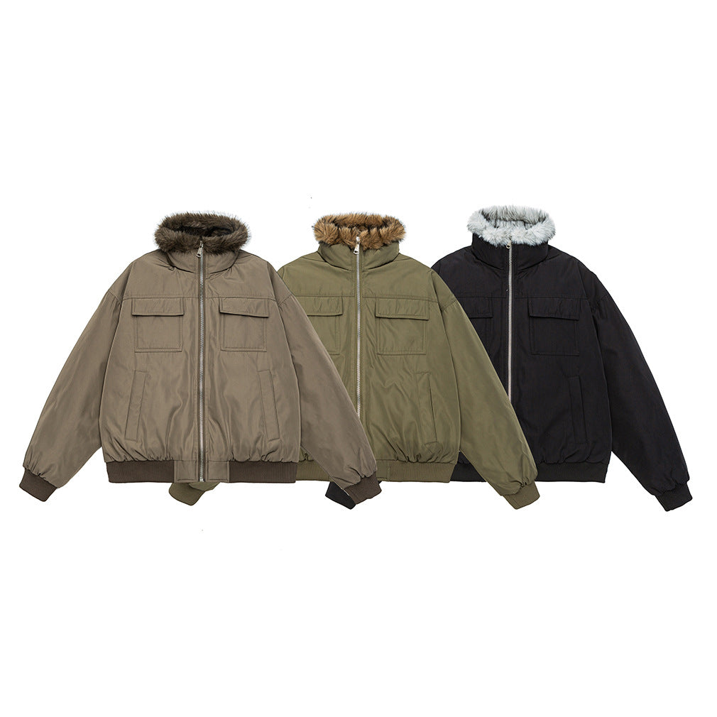 Men's Quilted Short Bomber Jacket with Removable Faux Fur Hood and Patch Front Pockets Chichicherry