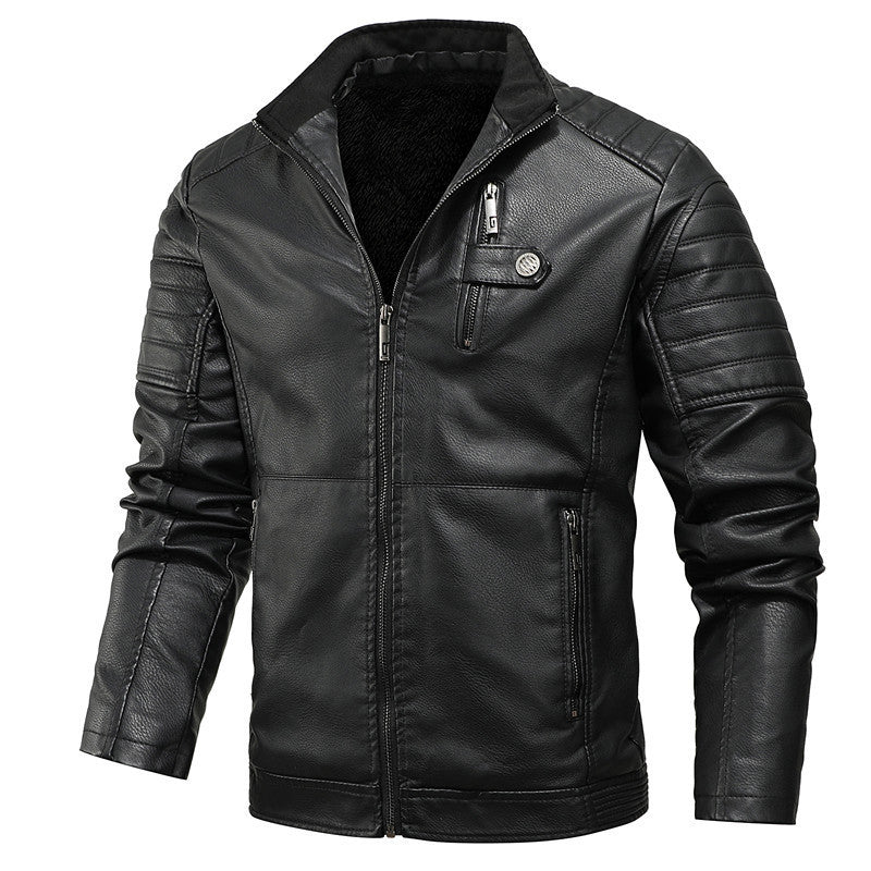 Men's slim artificial leather field blazer with stand-up collar, chest flap pockets, and zipper Chichicherry