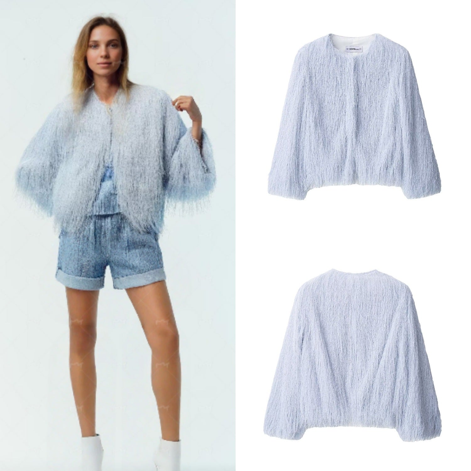 Women's Fluffy Fringe Jacket with Round Neckline and Boxy Cut Chichicherry