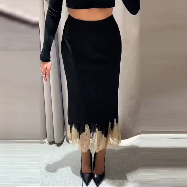 Ladies Two-Layer Midi Skirt with Lace Trim and Straight Overlay Chichicherry