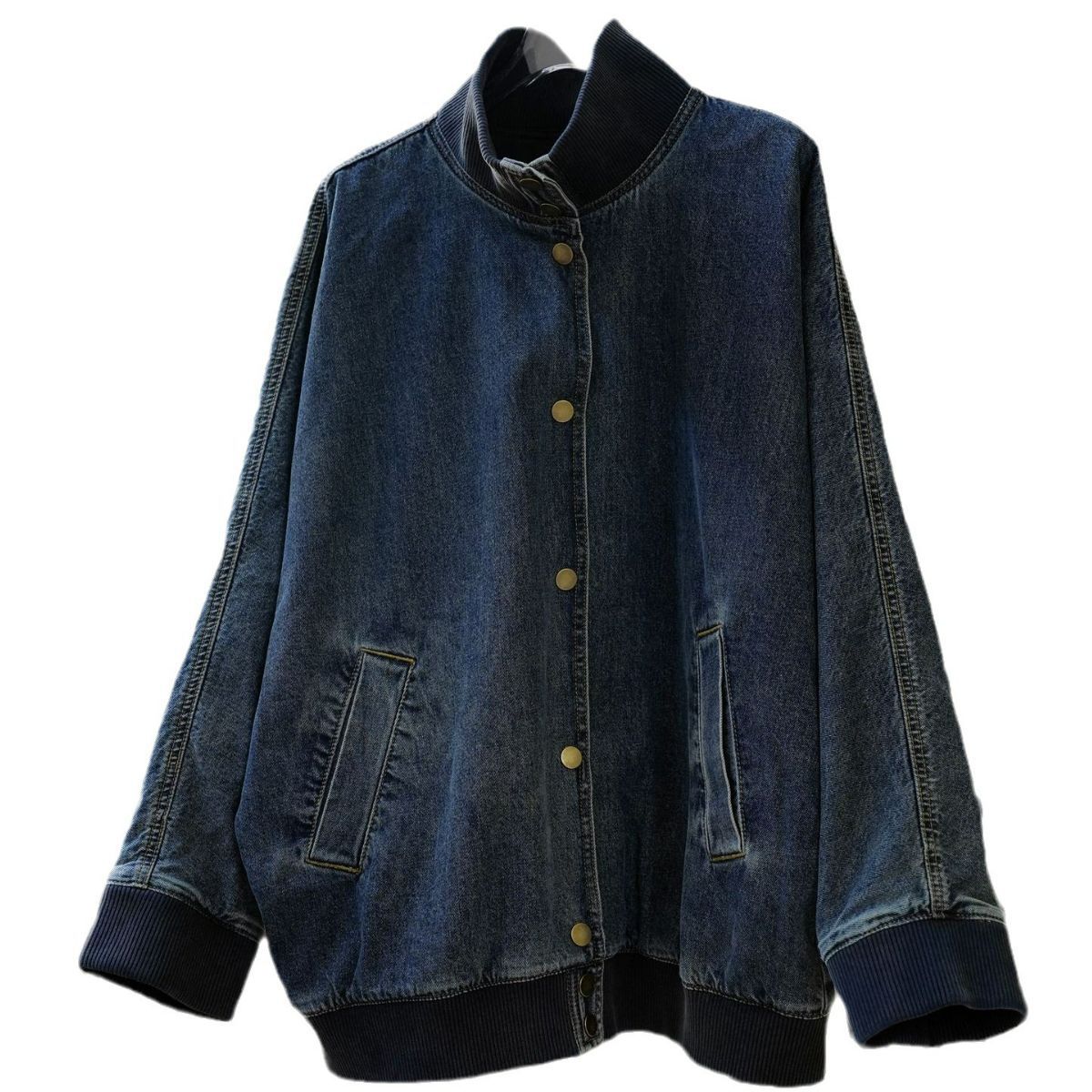 Women's Oversized Jeans Bomber Jacket with Ribbed Collar and Snap Button Front Chichicherry