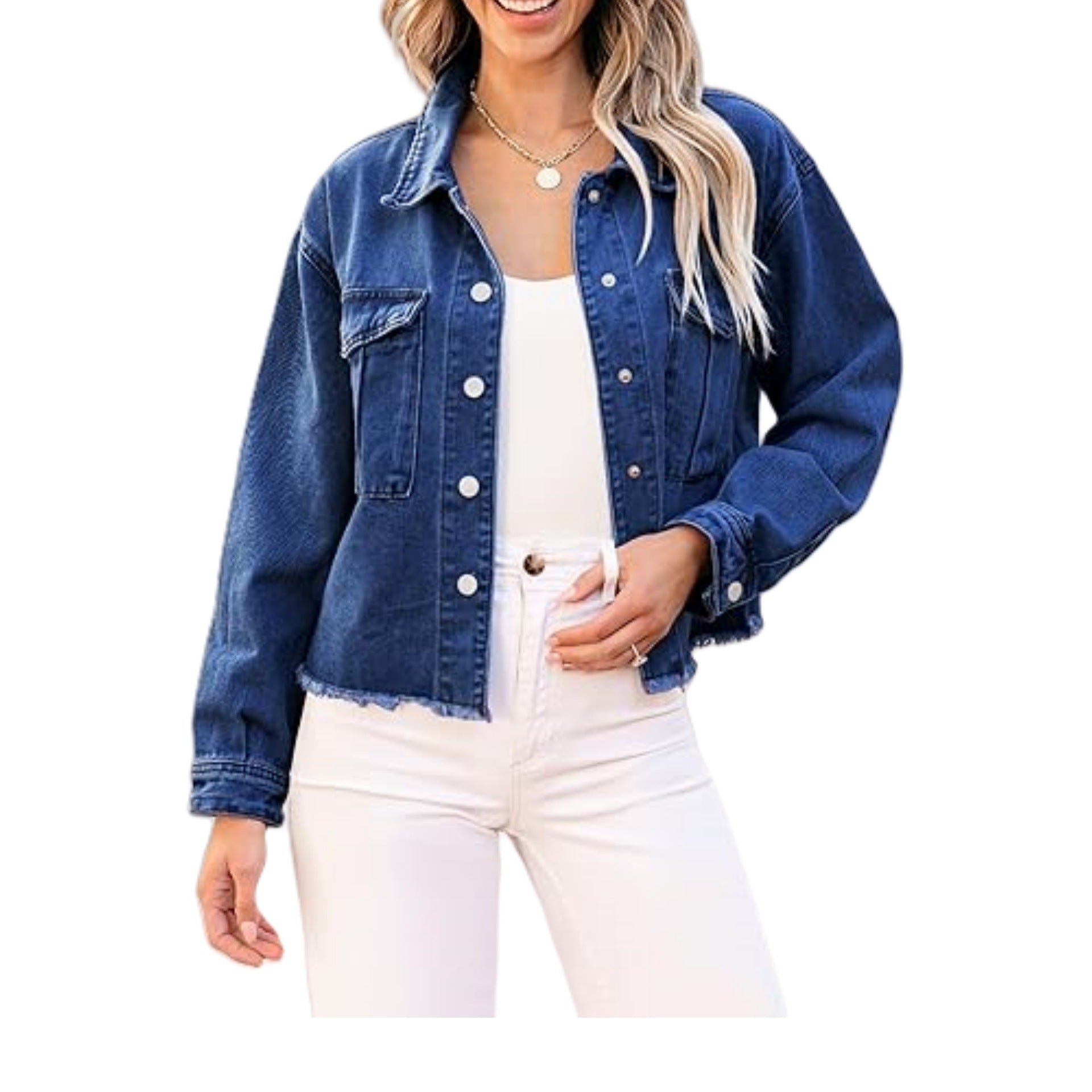 Women's cropped oversized denim jacket with raw hem and patch chest pockets Chichicherry