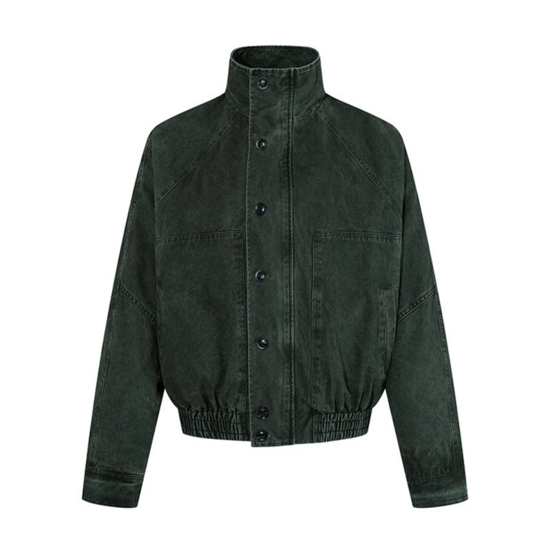 Women's short oversized bomber jacket with standing collar, button placket, and elastic hem Chichicherry