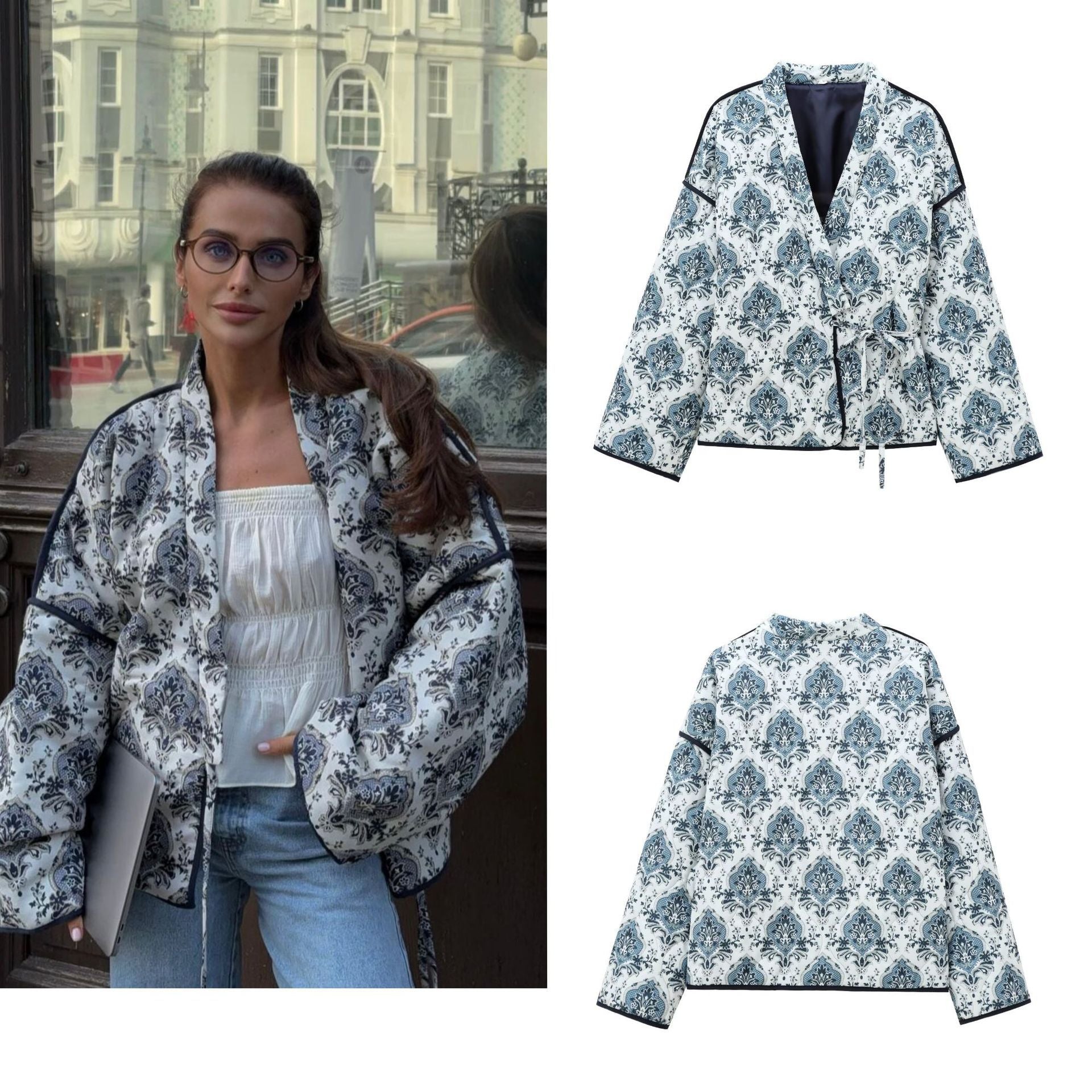 Women padded kimono jacket with waist belt and ornamental print Chichicherry